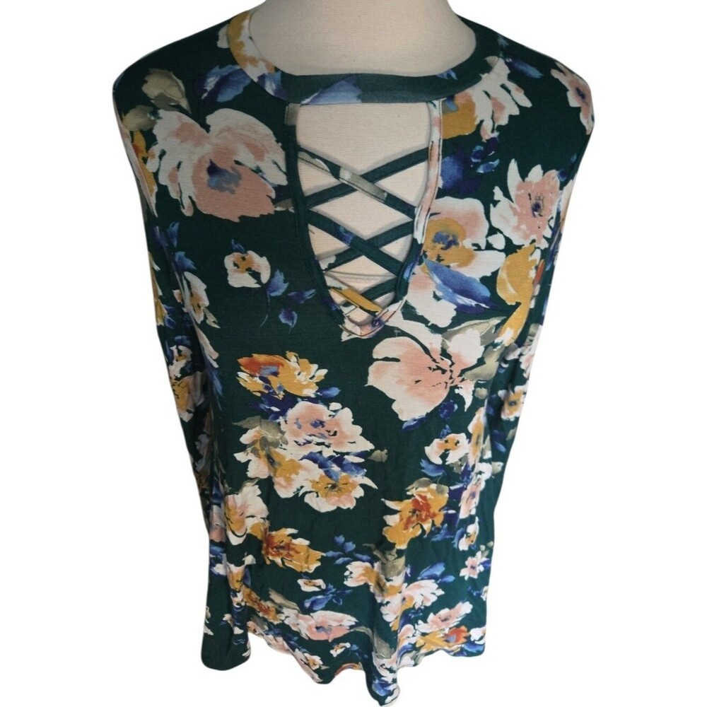 Liberty Love Dark Green Floral Crisscross Lace-Up Top - M